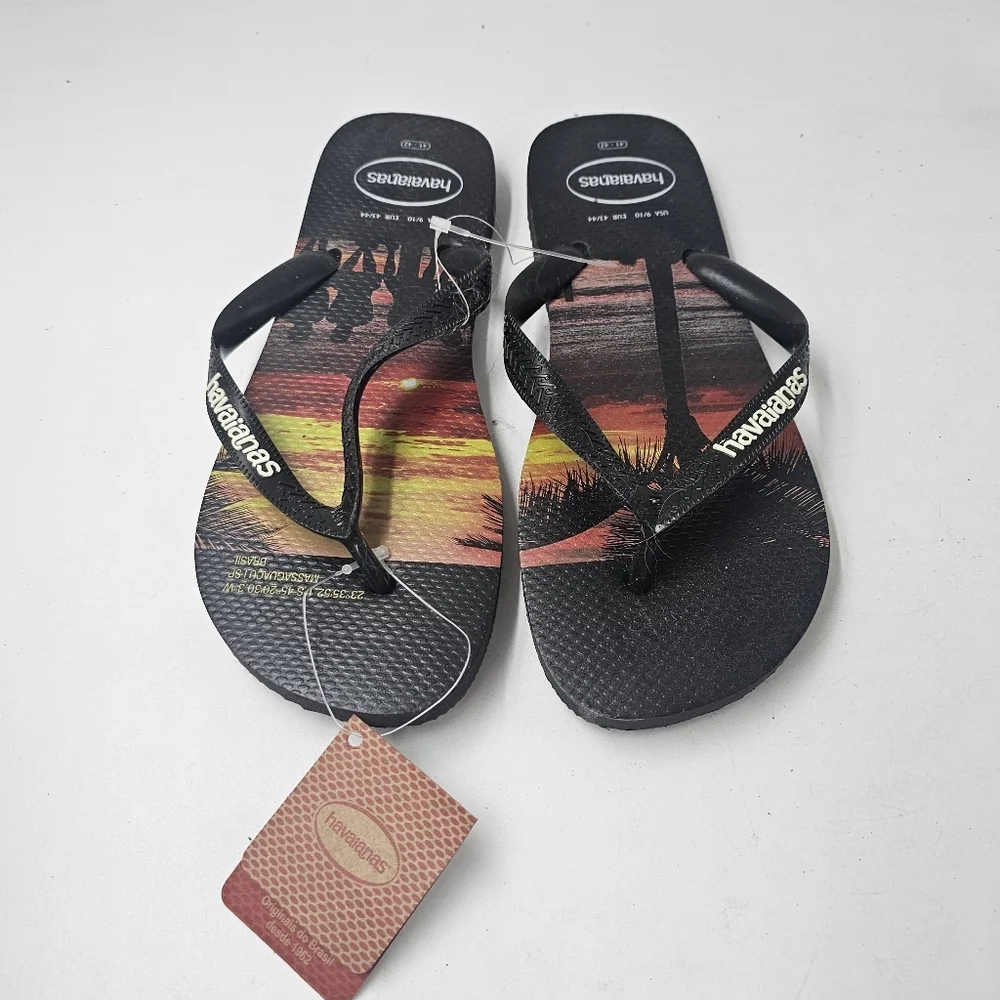 Havaianas Hype Massaguacu Beach Sunset Graphic Flip Flops Black Sz 41/42 NWT